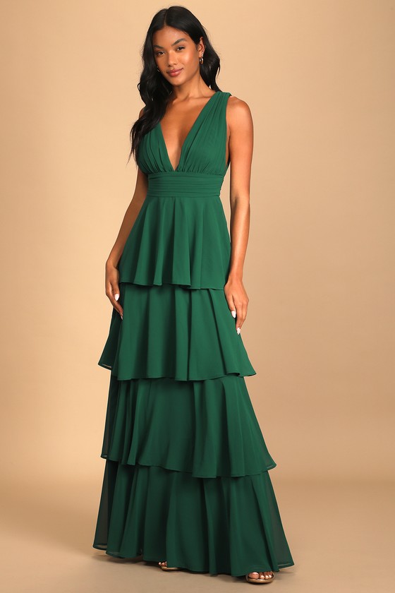 Hunter Green Dress - Tiered Maxi Dress ...